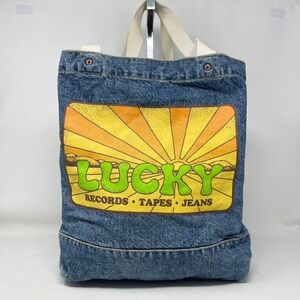 RARE Y2K Lucky Brand Denim‎ Tote Bag Yellow Lucky Records Tapes Jeans Graphic